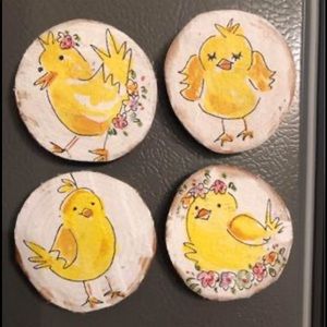 Wood slice lot of 4 Magnets refrigerator Easter chicks decor farmhouse rustic